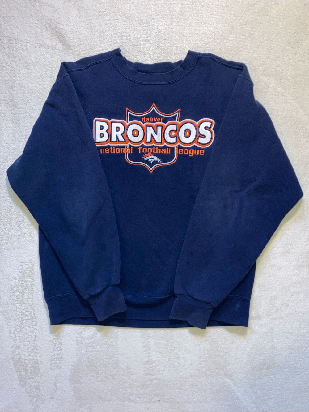 Majestic Navy Denver Broncos Pullover Sweatshirt with Orange & White Logo